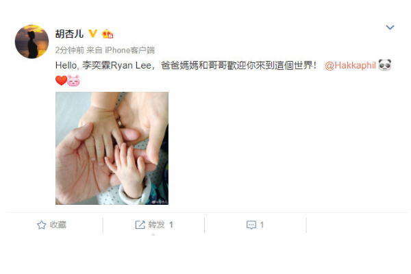 胡杏儿微博宣布诞下二胎喜讯：Hello, 李奕霖Ryan Lee，欢迎你来到这个世界！
