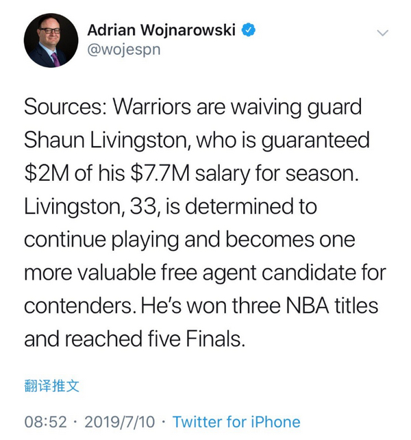 Woj：勇士裁掉肖恩-利文斯顿，后者将继续征战NBA！