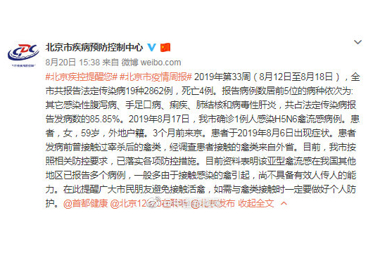 北京H5N6禽流感病例：北京确诊一例人感染H5N6禽流感病例