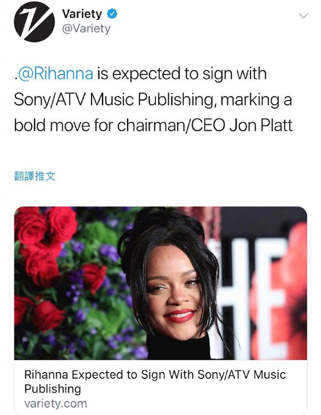 蕾哈娜被曝与Sony/ATV音乐出版公司签约，将发行两张新专辑