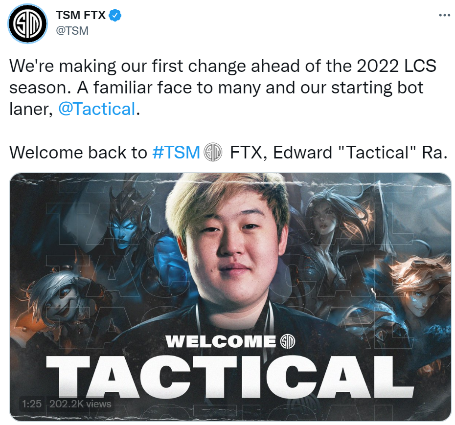 TSM官宣：原TL下路Tactical正式加入队伍TSM官宣：原TL下路Tactical正式加入队伍